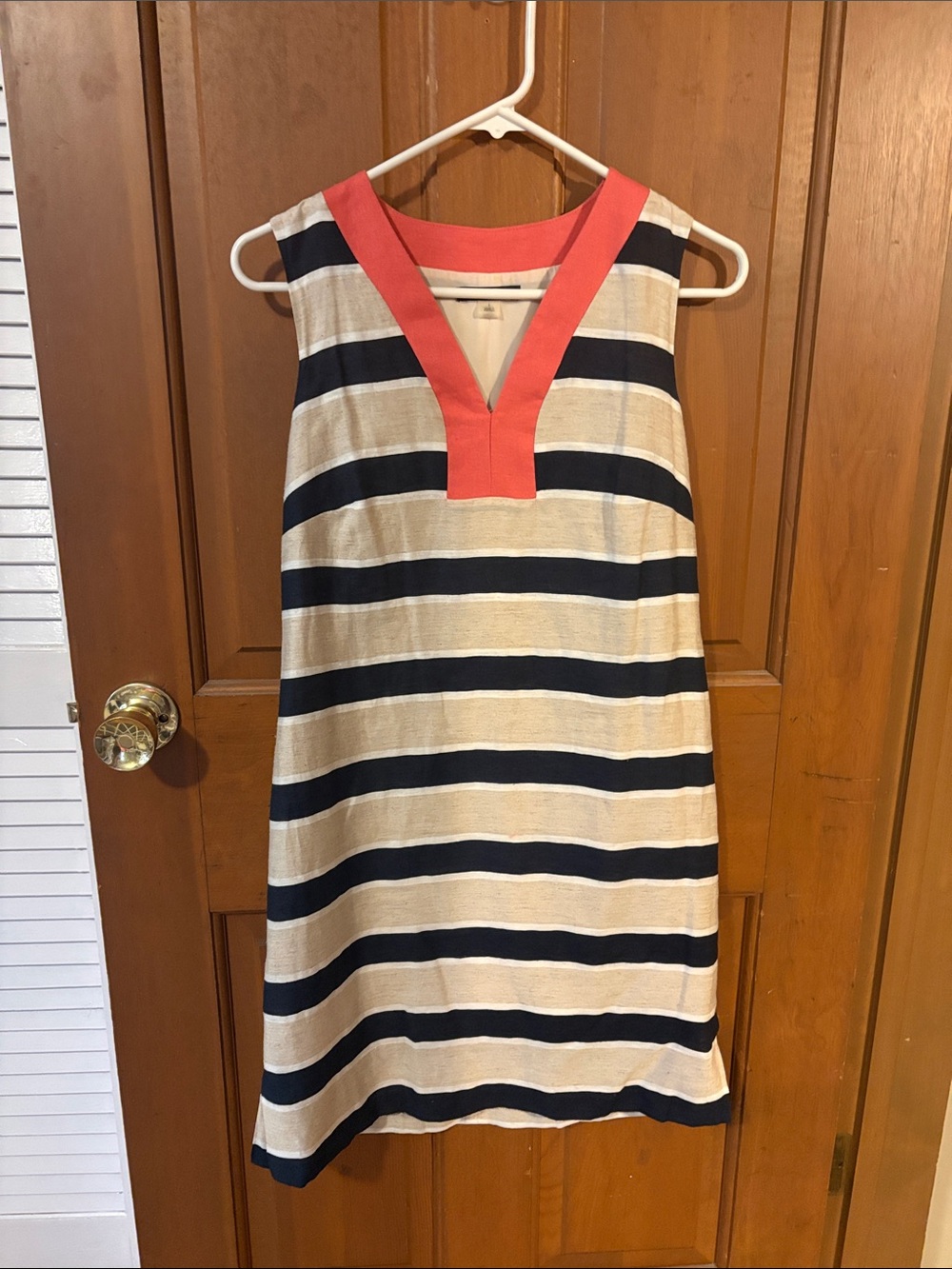 Tommy Hilfiger Navy & White Striped Shift Dress with Coral Neckline